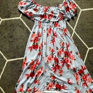 Blue and pink floral, off the shoulder midi high low dress